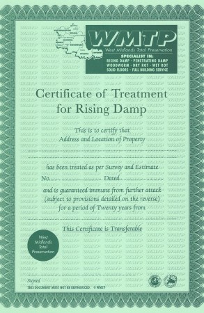 Certificate of Treatment for Rising Damp